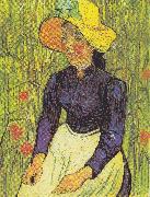 Vincent Van Gogh Young Peasant Woman with straw hat sitting in front of a wheat field oil